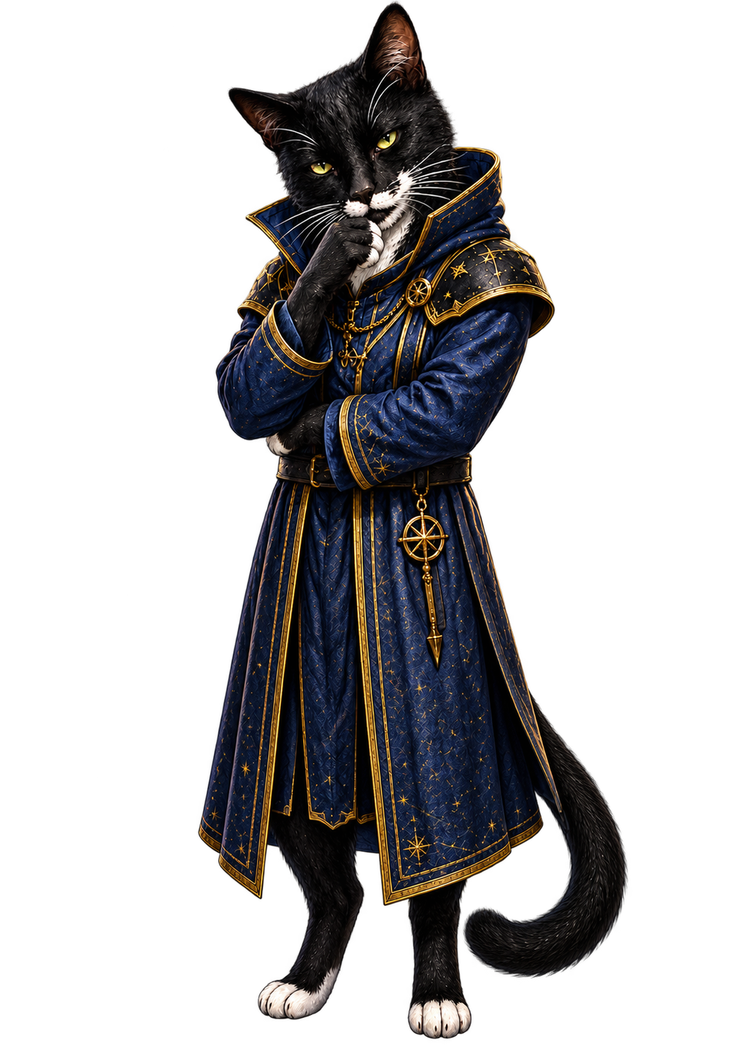 Mouse, the black-and-white tuxedo cat investigator of Heavens Declares, in a star-flecked navy robe with a paw resting thoughtfully at his chin