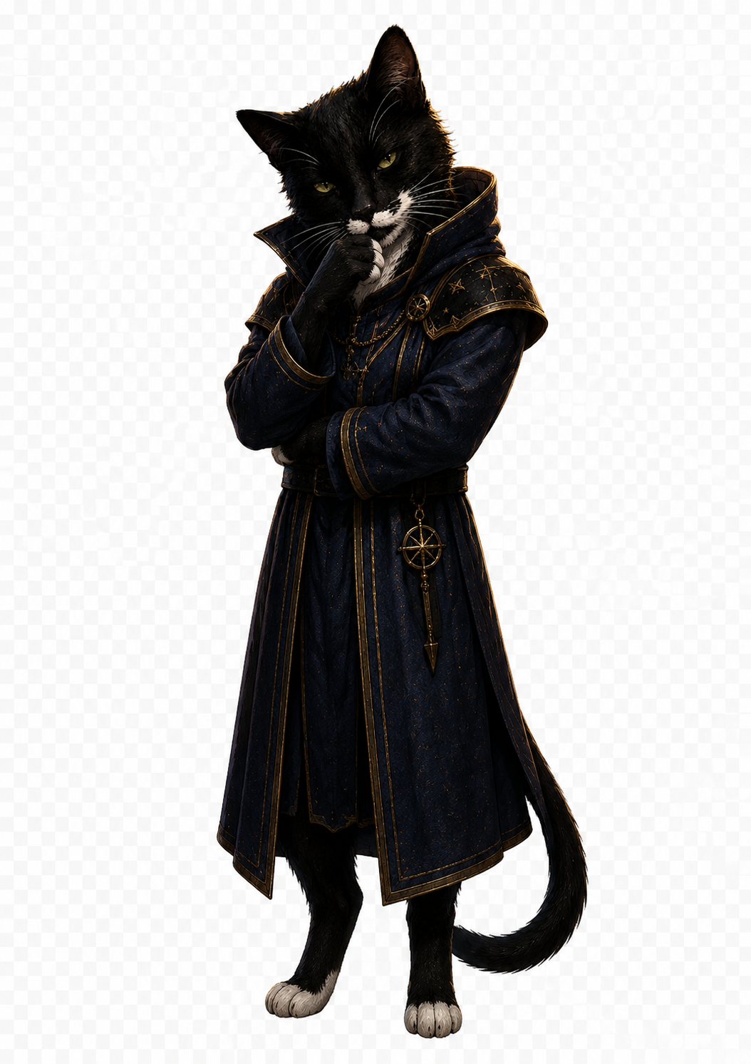 Mouse, the black-and-white tuxedo cat investigator of Heavens Declares, in a star-flecked navy robe with a paw resting thoughtfully at his chin