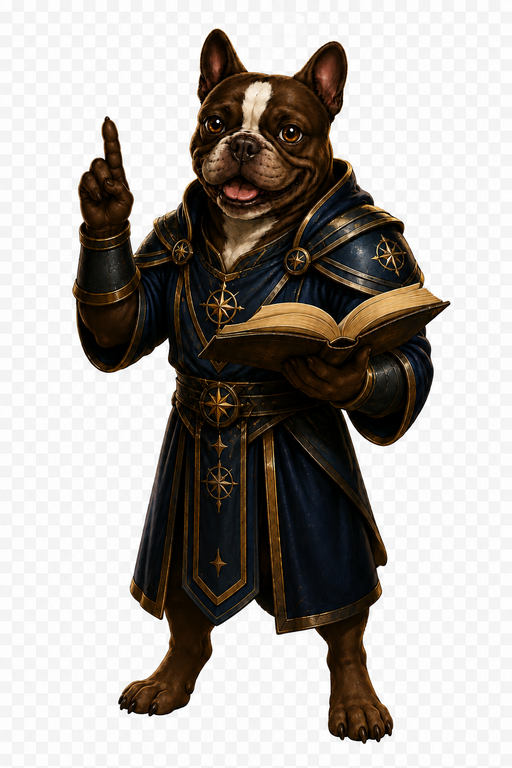 Hercules, the brown pit bull evidence guardian of Heavens Declares, wearing midnight-blue and antique-gold robes and holding an open manuscript with one paw raised